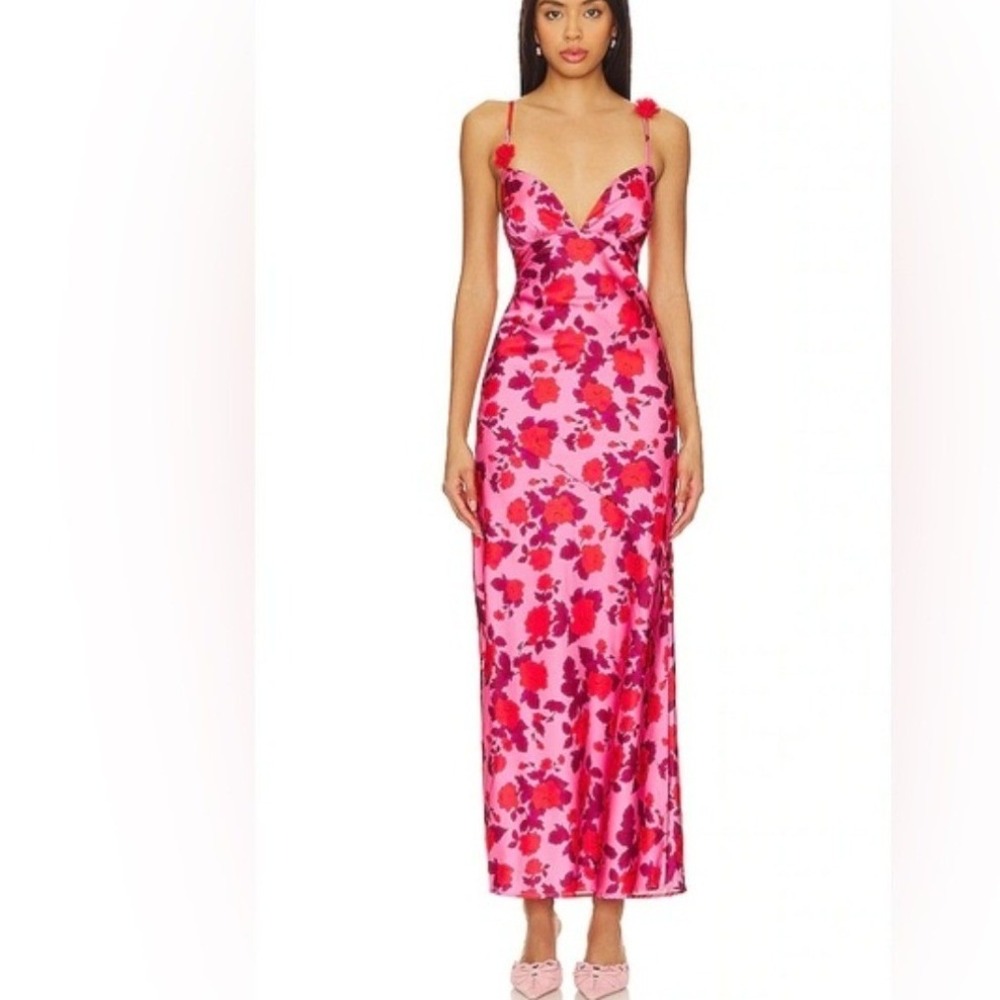 For Love And Lemons Huda Maxi Dress Pink Red Floral 3D Flower Medium NEW